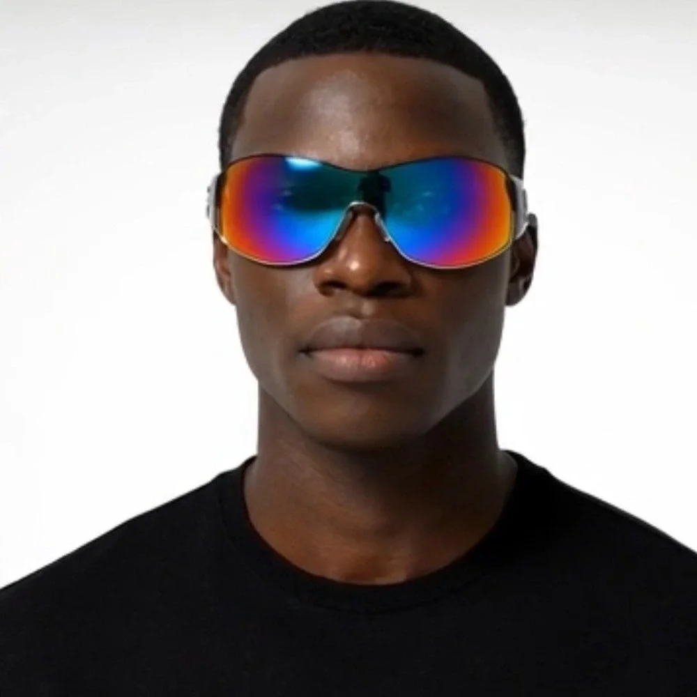 Men Black Shield Wrap Sunglasses Blue Orange Mirror Lens Fishing Performance New
